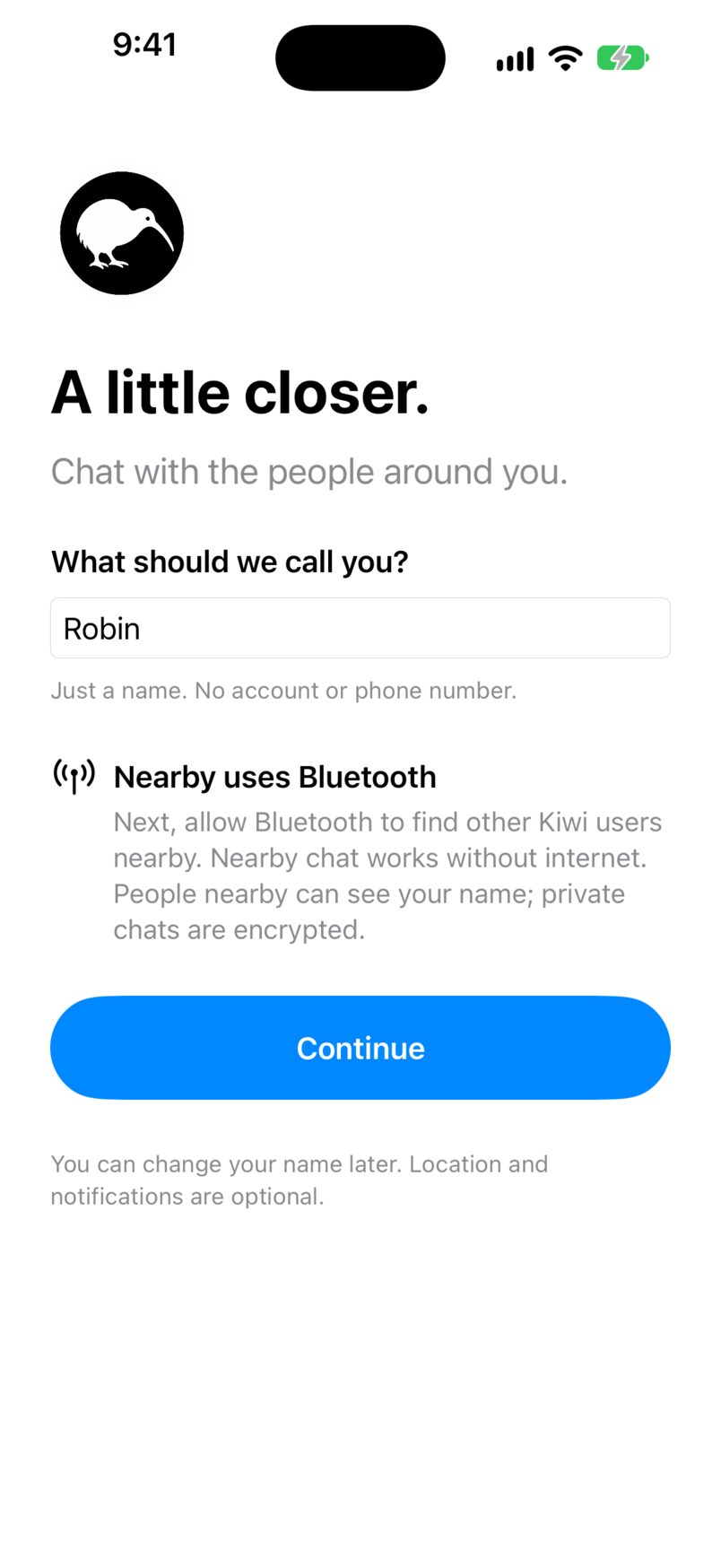 Kiwi running on an iPhone